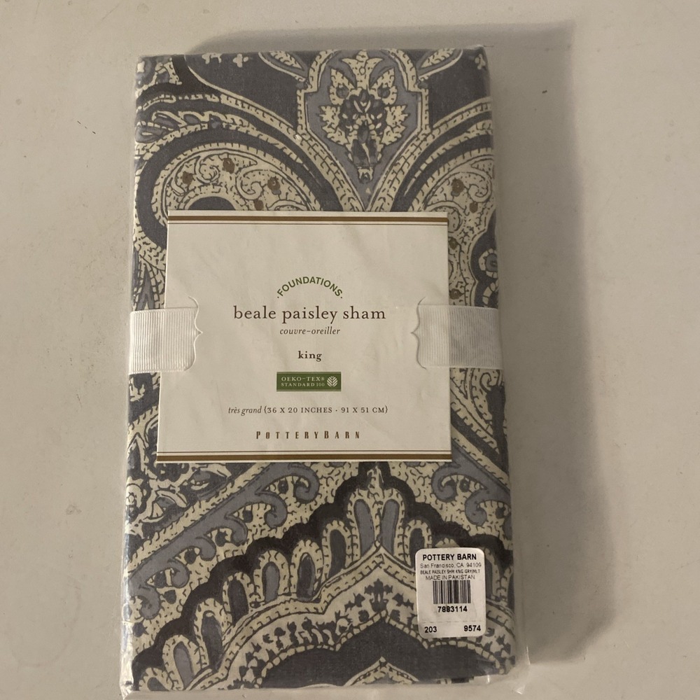 New! Pottery Barn Gray-Multi Beale Paisley King Pillow Sham 36x20